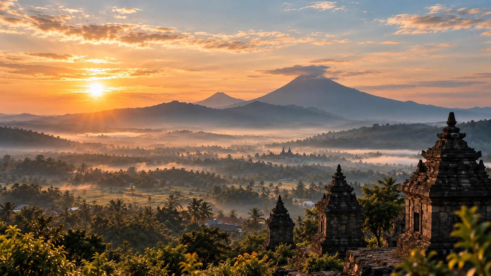 Matahari terbit di atas lembah Yogyakarta, dengan kabut di pucuk pepohonan dan Gunung Merapi di kejauhan